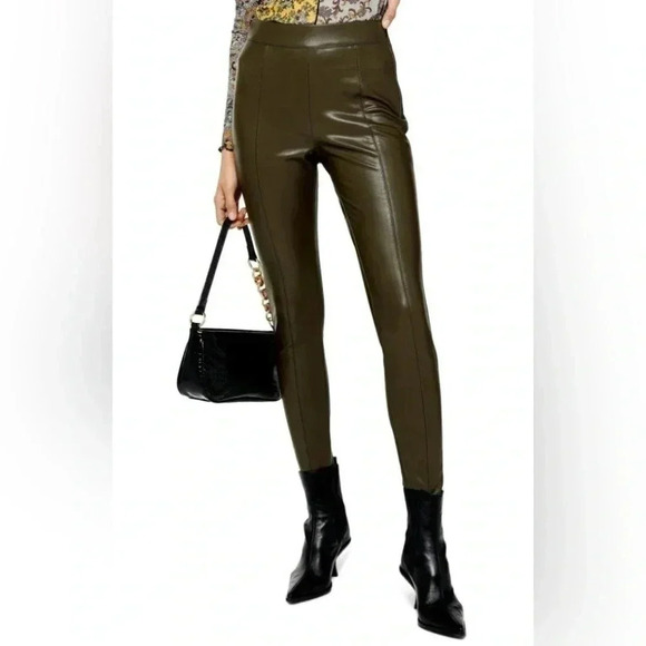 Topshop Piper Faux Leather Leggings Olive  Khaki Green Size 4 - Picture 1 of 14
